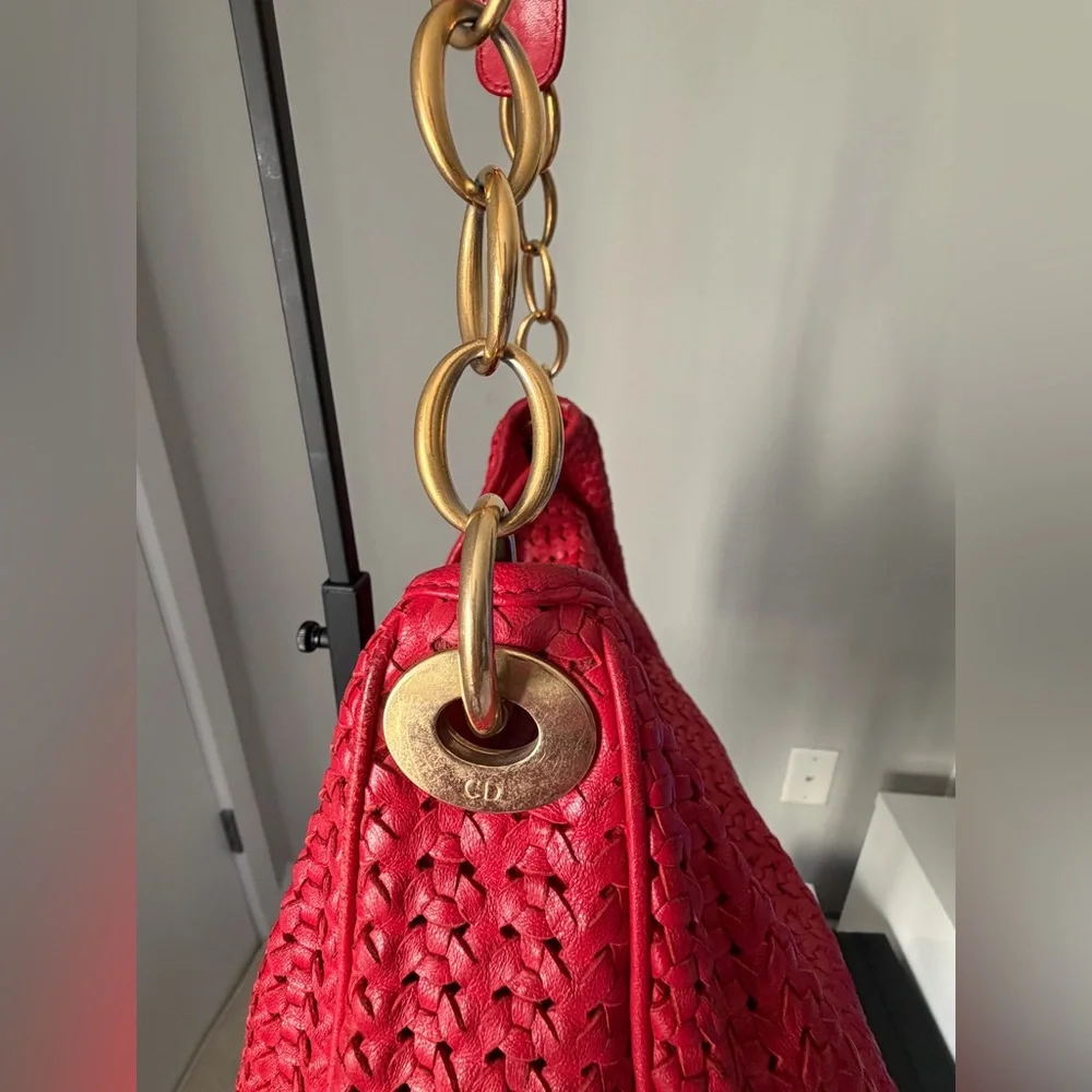 Christian Dior Avenue Woven Leather Tote Red with Gold Tone Hardware